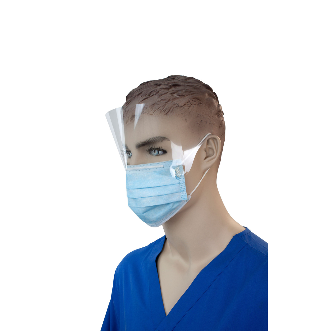 A mannequin wearing a blue medical scrub top and a Dynarex Procedure Face Mask with ear loop and plastic shield is shown against a white background.